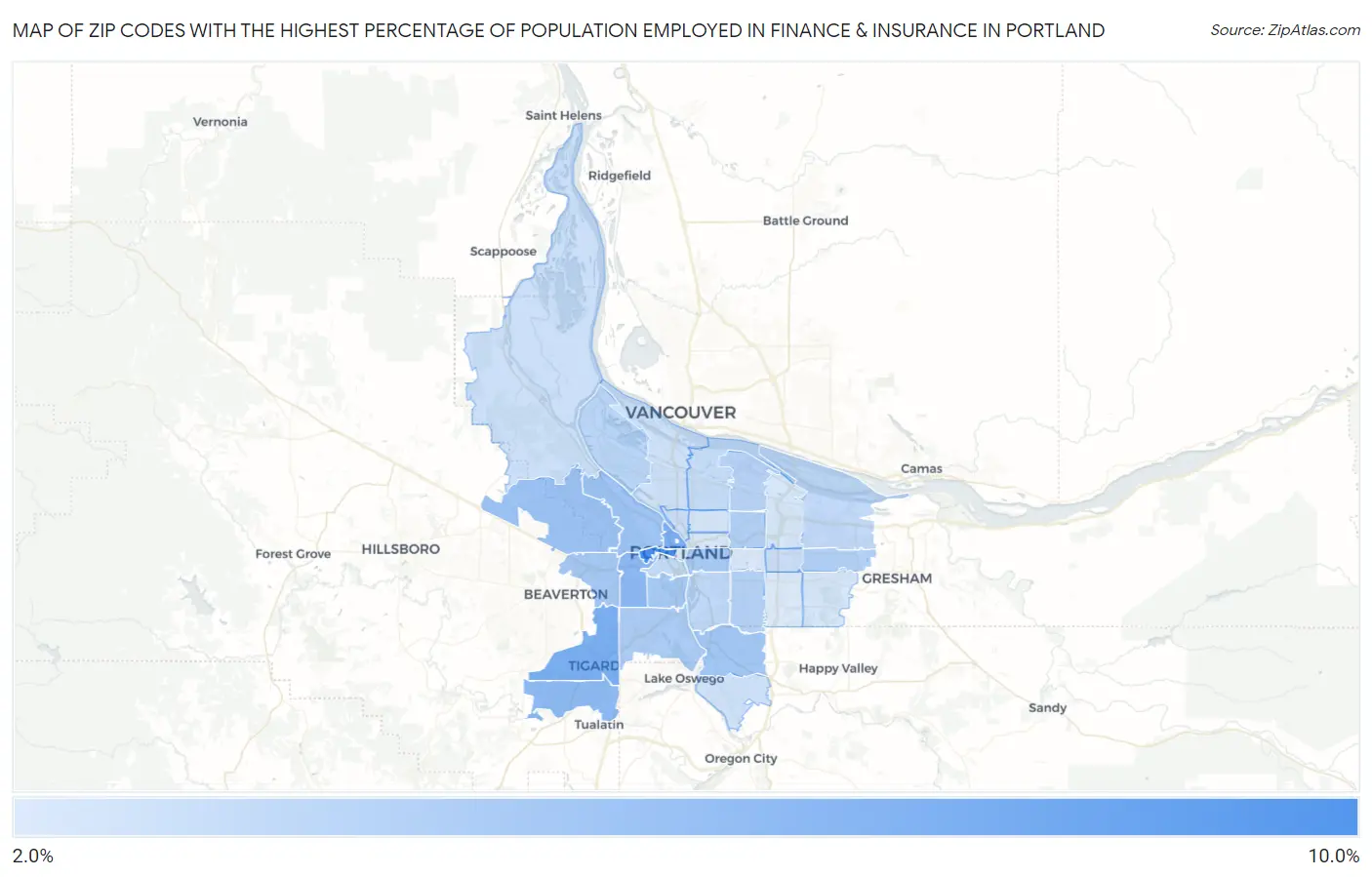 Zip Codes with the Highest Percentage of Population Employed in Finance & Insurance in Portland Map