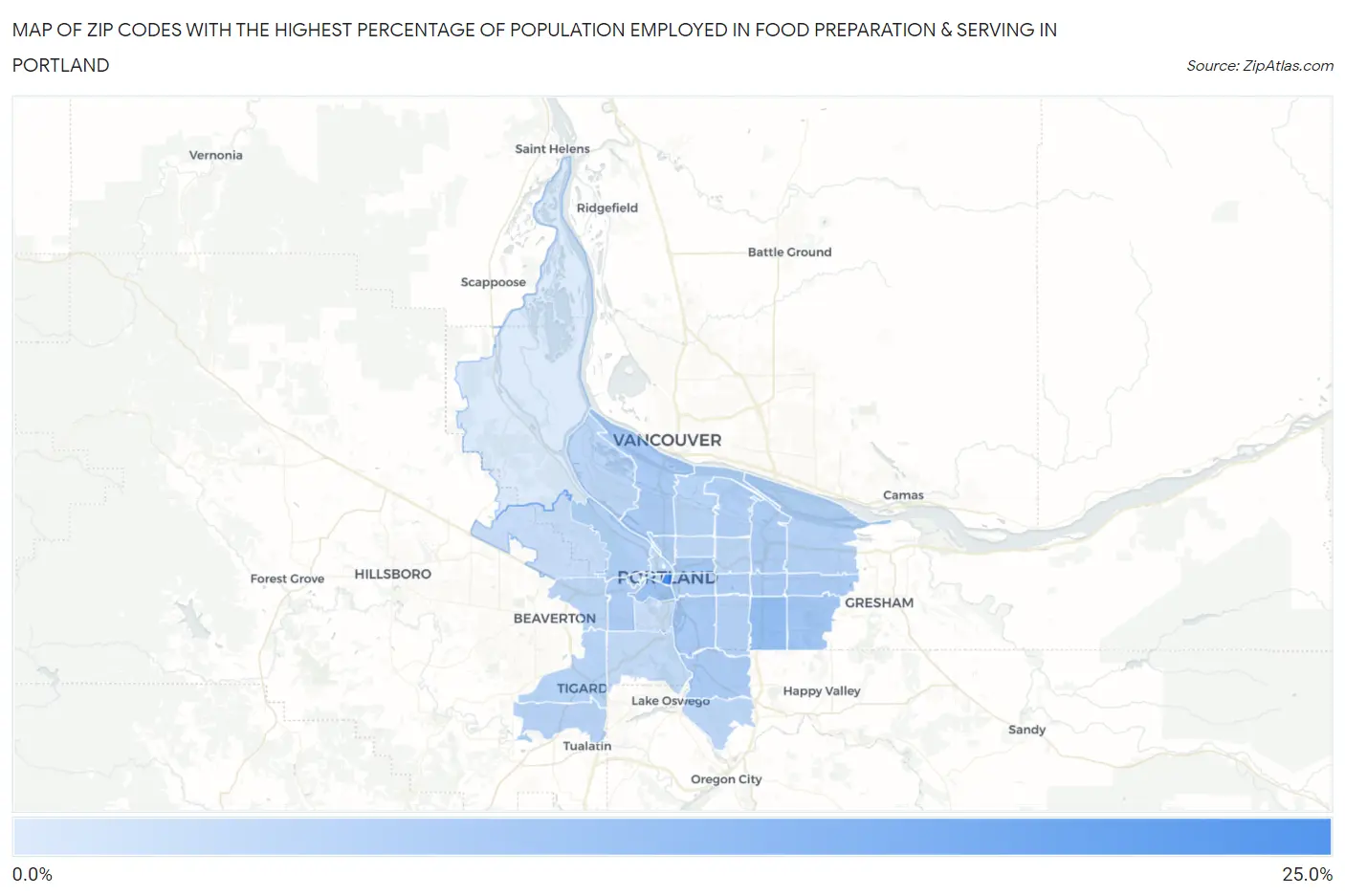 Zip Codes with the Highest Percentage of Population Employed in Food Preparation & Serving in Portland Map