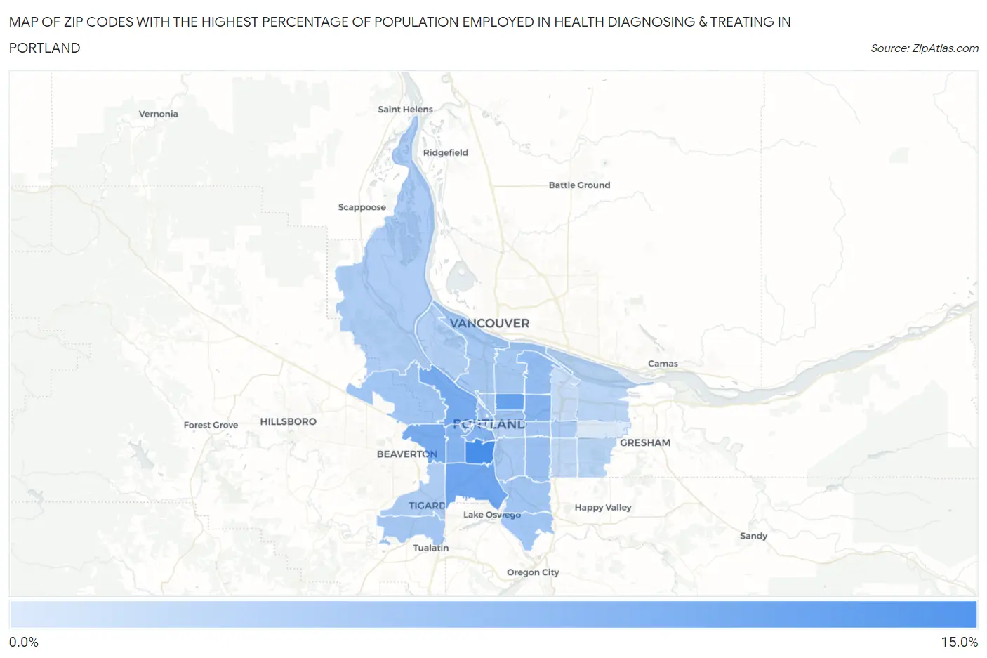 Zip Codes with the Highest Percentage of Population Employed in Health Diagnosing & Treating in Portland Map