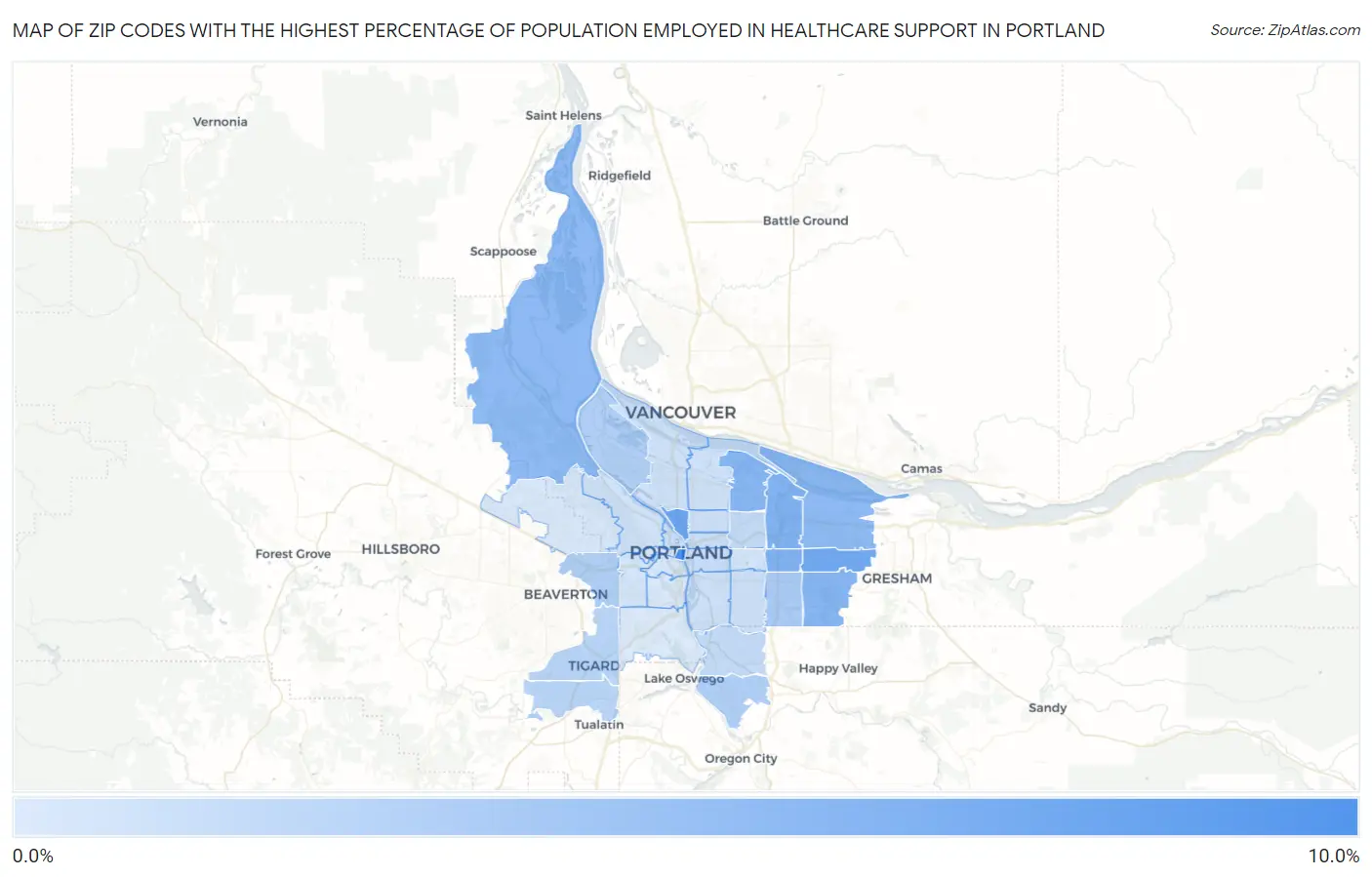 Zip Codes with the Highest Percentage of Population Employed in Healthcare Support in Portland Map