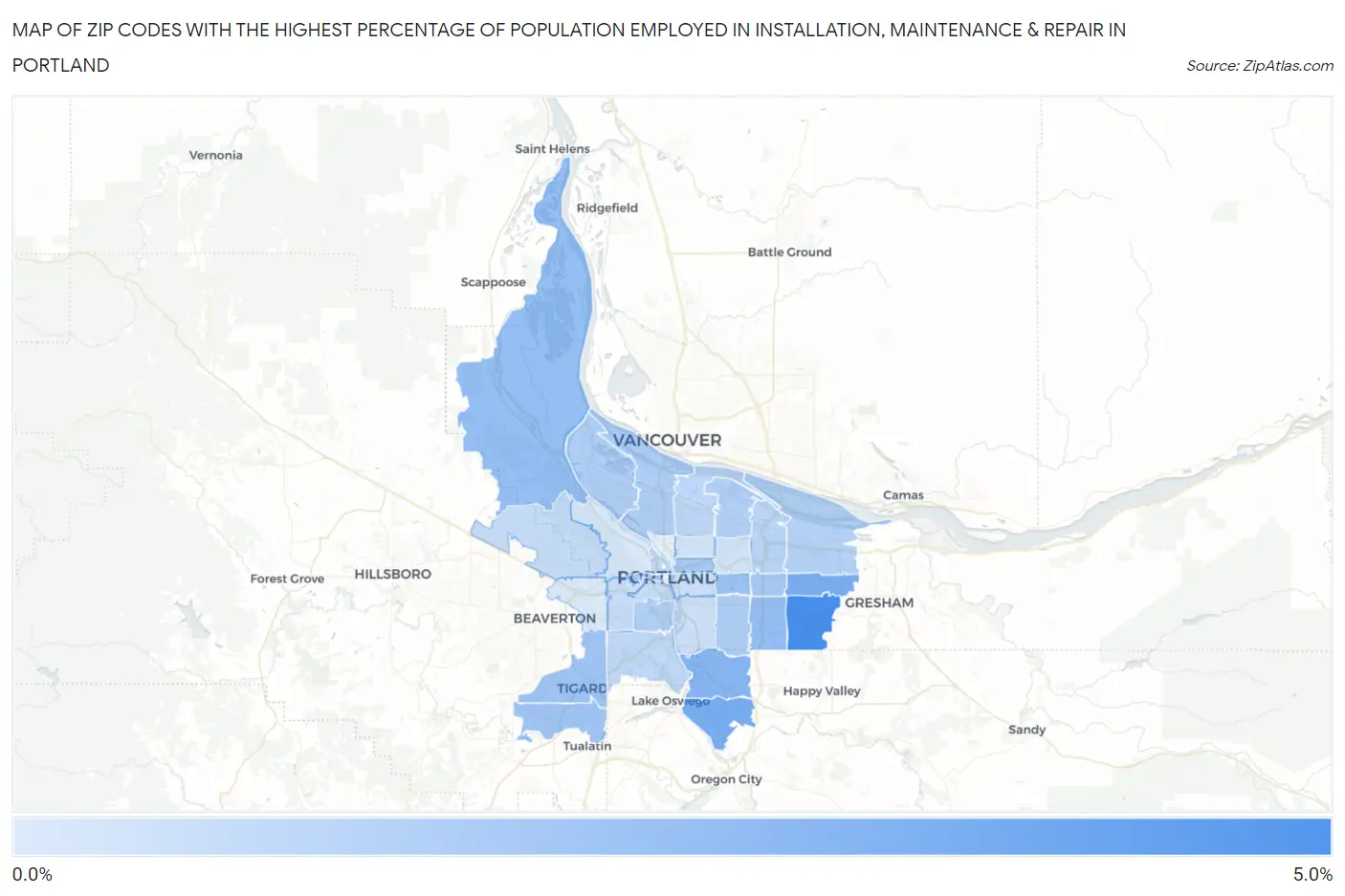 Zip Codes with the Highest Percentage of Population Employed in Installation, Maintenance & Repair in Portland Map