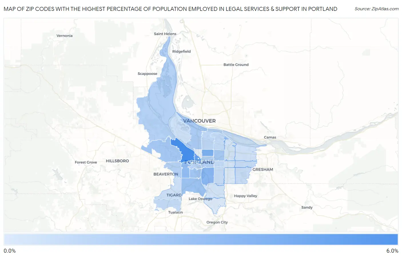 Zip Codes with the Highest Percentage of Population Employed in Legal Services & Support in Portland Map