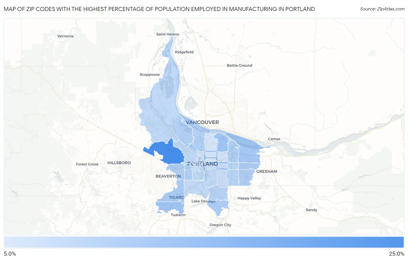 Zip Codes with the Highest Percentage of Population Employed in Manufacturing in Portland Map