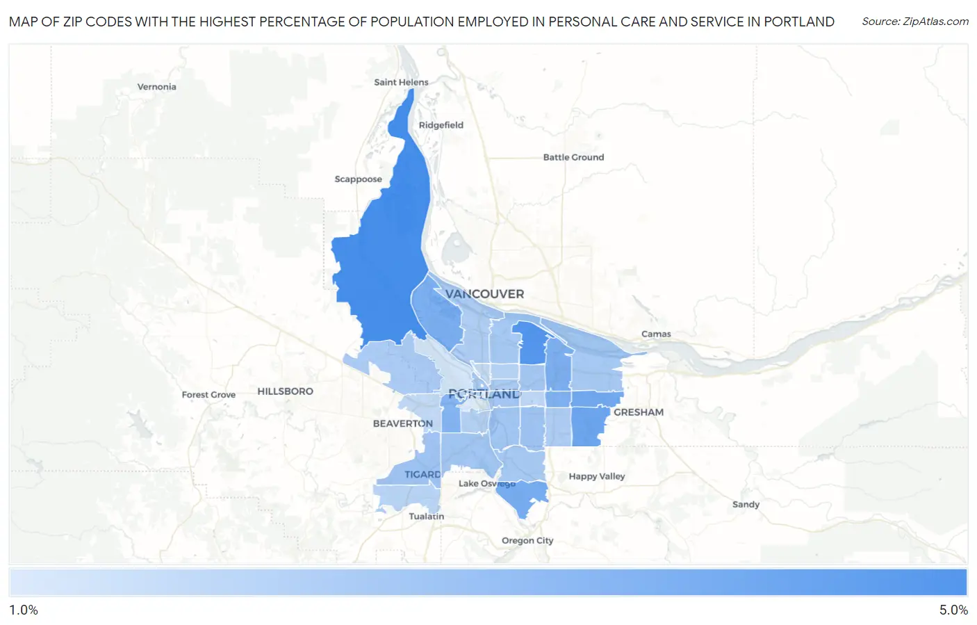 Zip Codes with the Highest Percentage of Population Employed in Personal Care and Service in Portland Map
