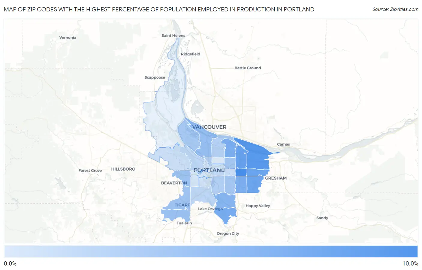 Zip Codes with the Highest Percentage of Population Employed in Production in Portland Map