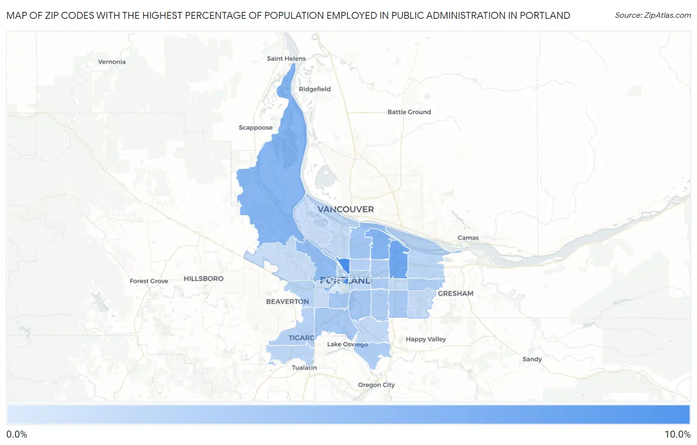 Zip Codes with the Highest Percentage of Population Employed in Public Administration in Portland Map