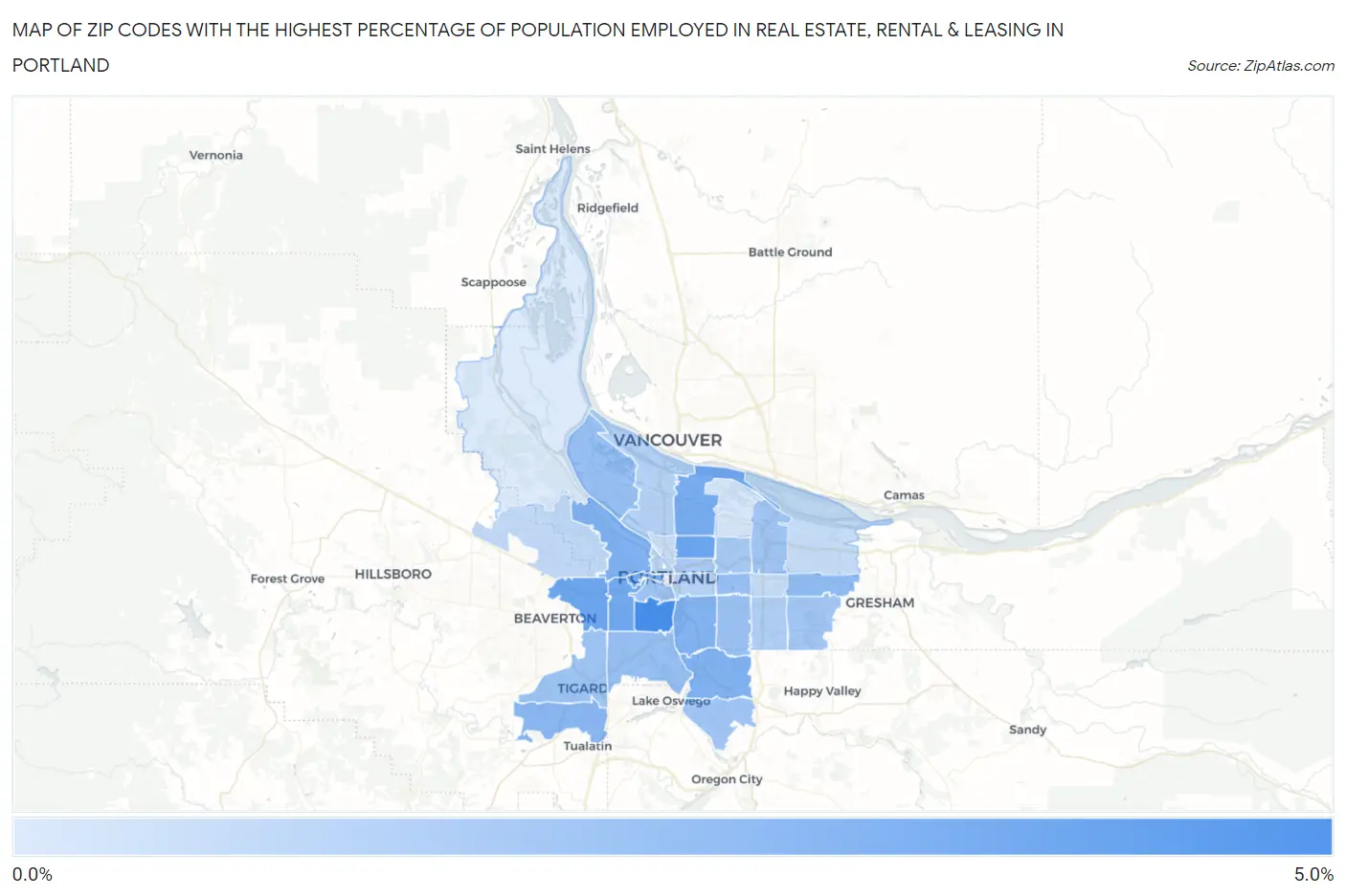Zip Codes with the Highest Percentage of Population Employed in Real Estate, Rental & Leasing in Portland Map