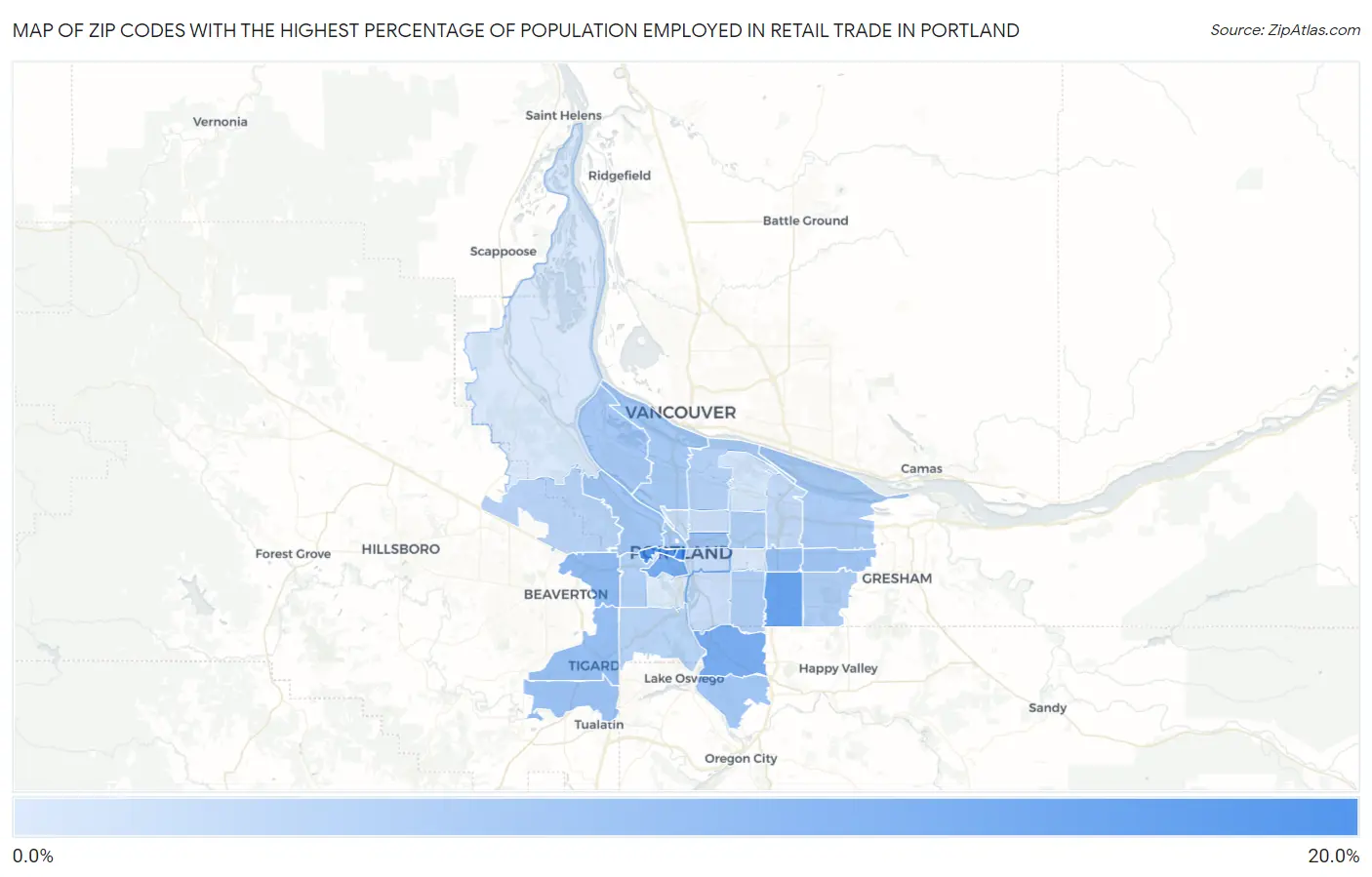 Zip Codes with the Highest Percentage of Population Employed in Retail Trade in Portland Map