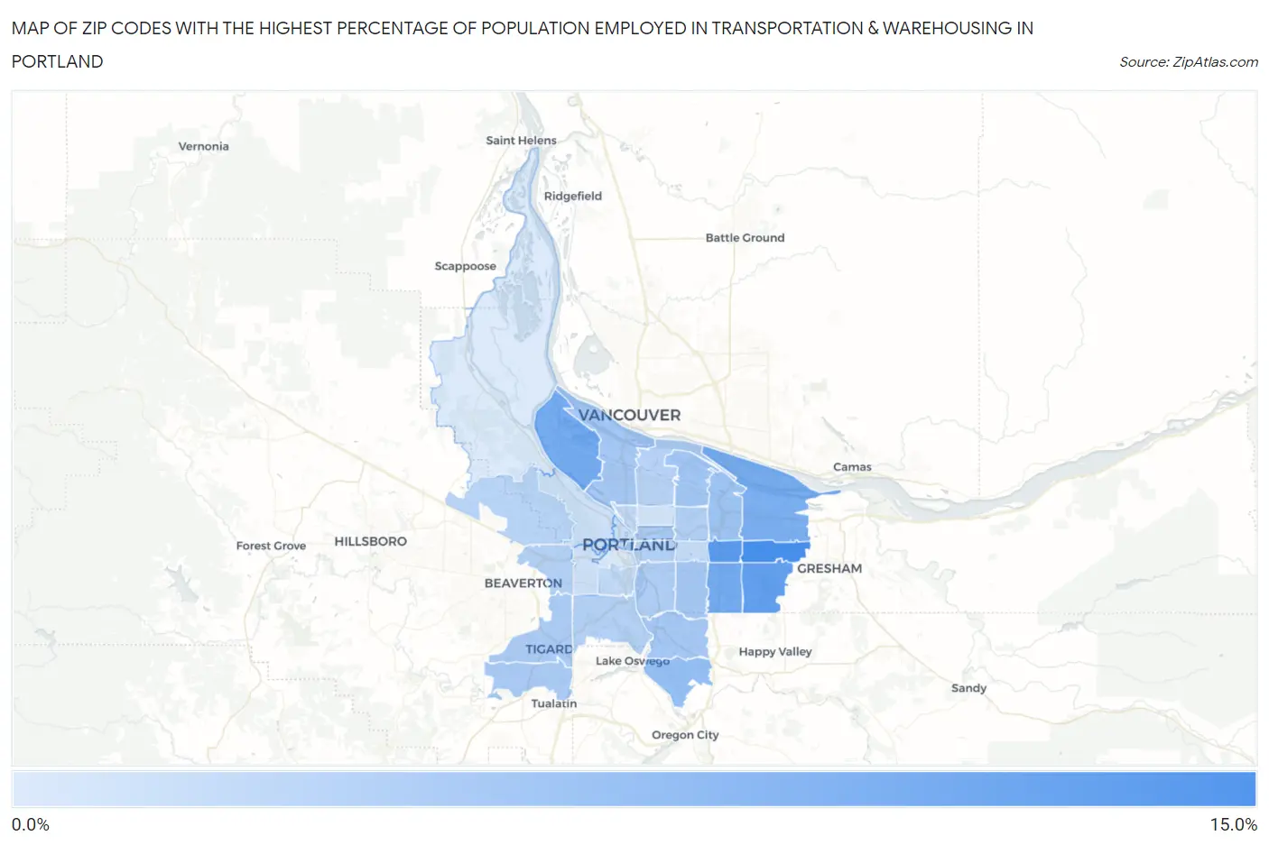 Zip Codes with the Highest Percentage of Population Employed in Transportation & Warehousing in Portland Map
