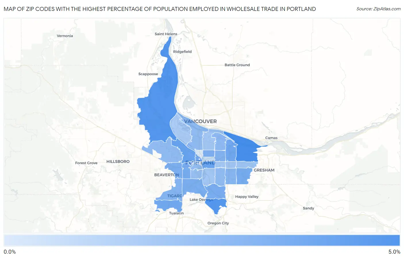 Zip Codes with the Highest Percentage of Population Employed in Wholesale Trade in Portland Map
