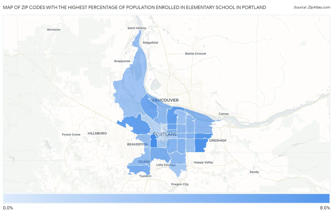Zip Codes with the Highest Percentage of Population Enrolled in Elementary School in Portland Map