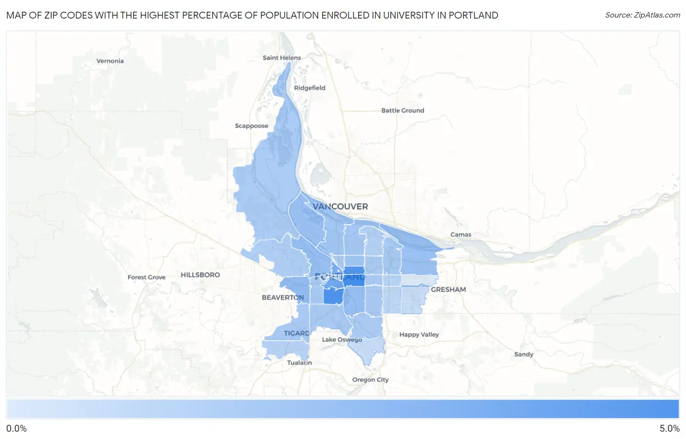 Zip Codes with the Highest Percentage of Population Enrolled in University in Portland Map