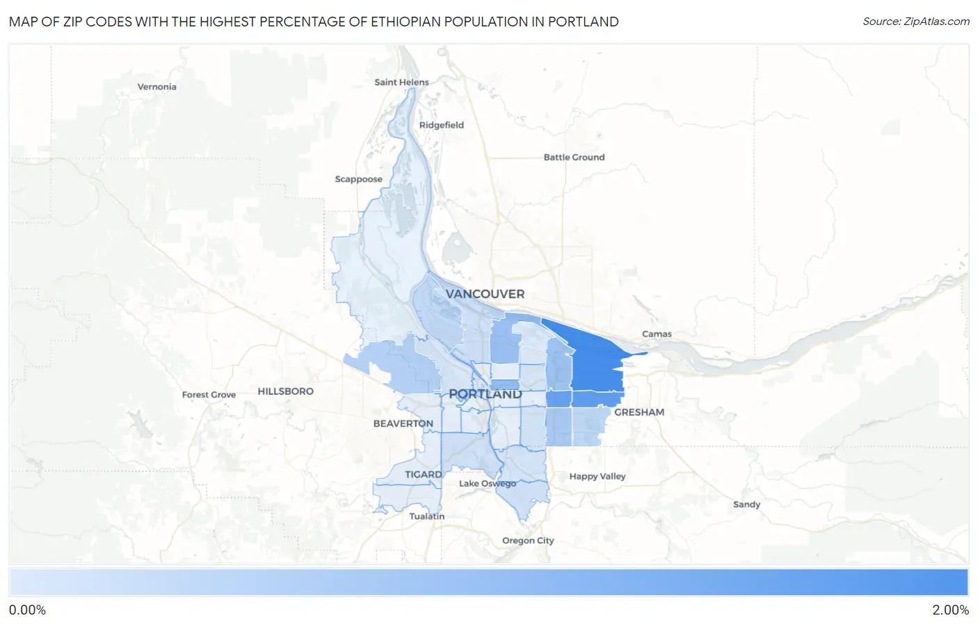 Zip Codes with the Highest Percentage of Ethiopian Population in Portland Map