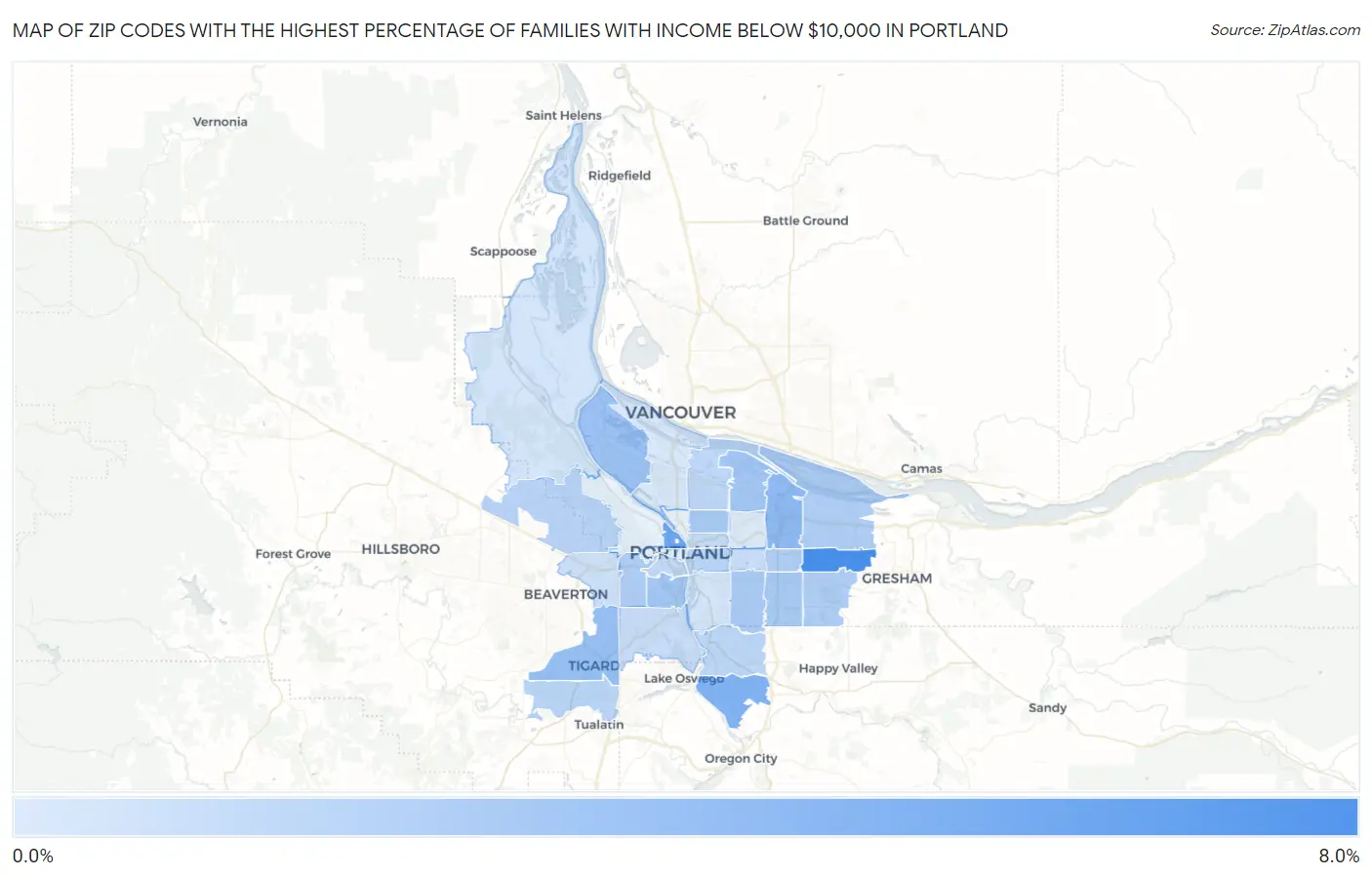 Zip Codes with the Highest Percentage of Families with Income Below $10,000 in Portland Map