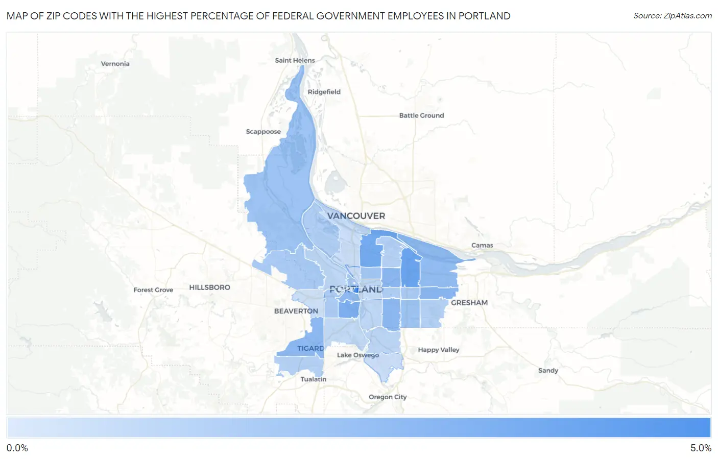 Zip Codes with the Highest Percentage of Federal Government Employees in Portland Map