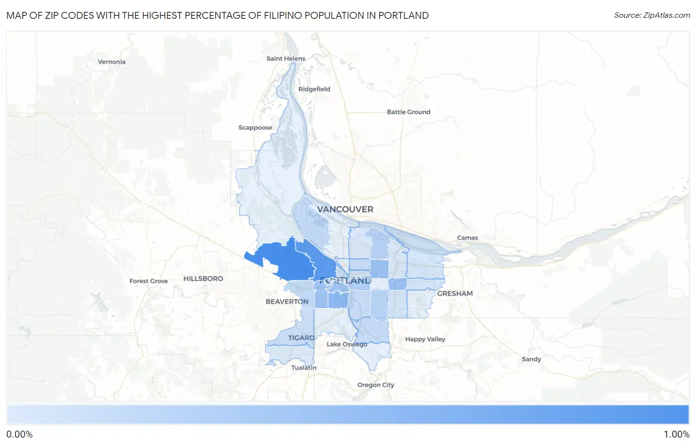 Zip Codes with the Highest Percentage of Filipino Population in Portland Map