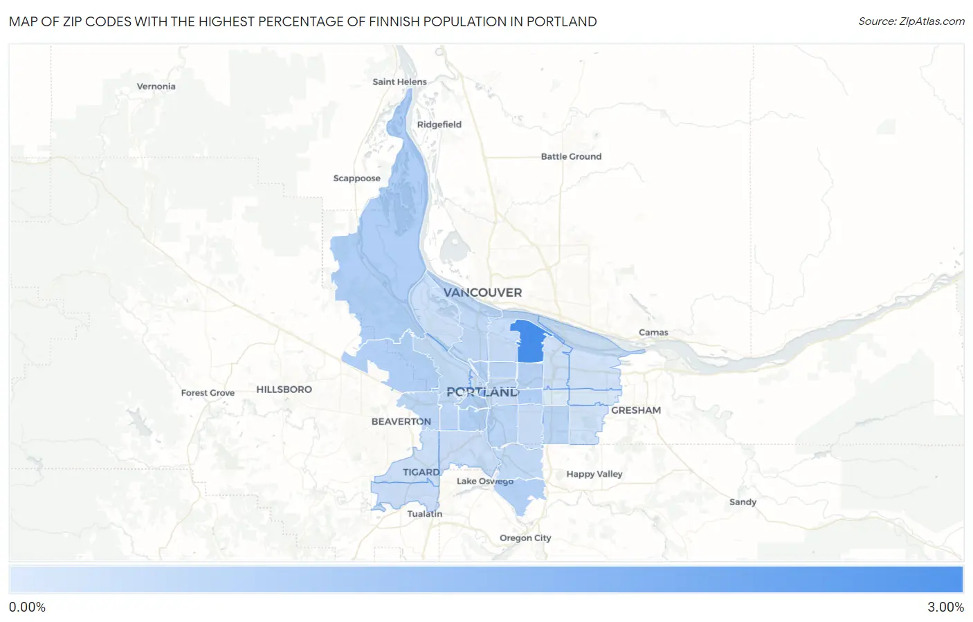 Zip Codes with the Highest Percentage of Finnish Population in Portland Map