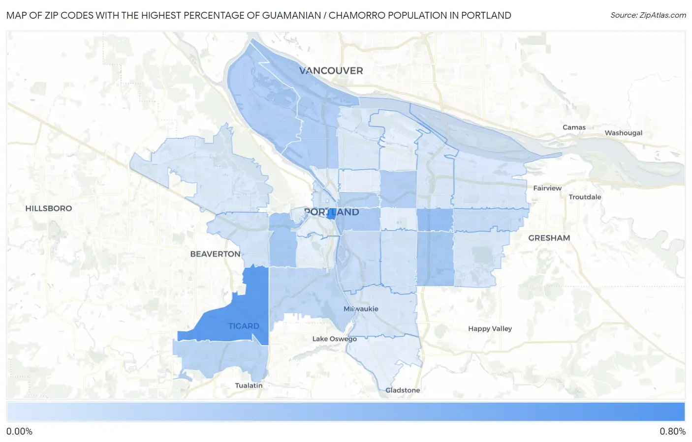 Zip Codes with the Highest Percentage of Guamanian / Chamorro Population in Portland Map