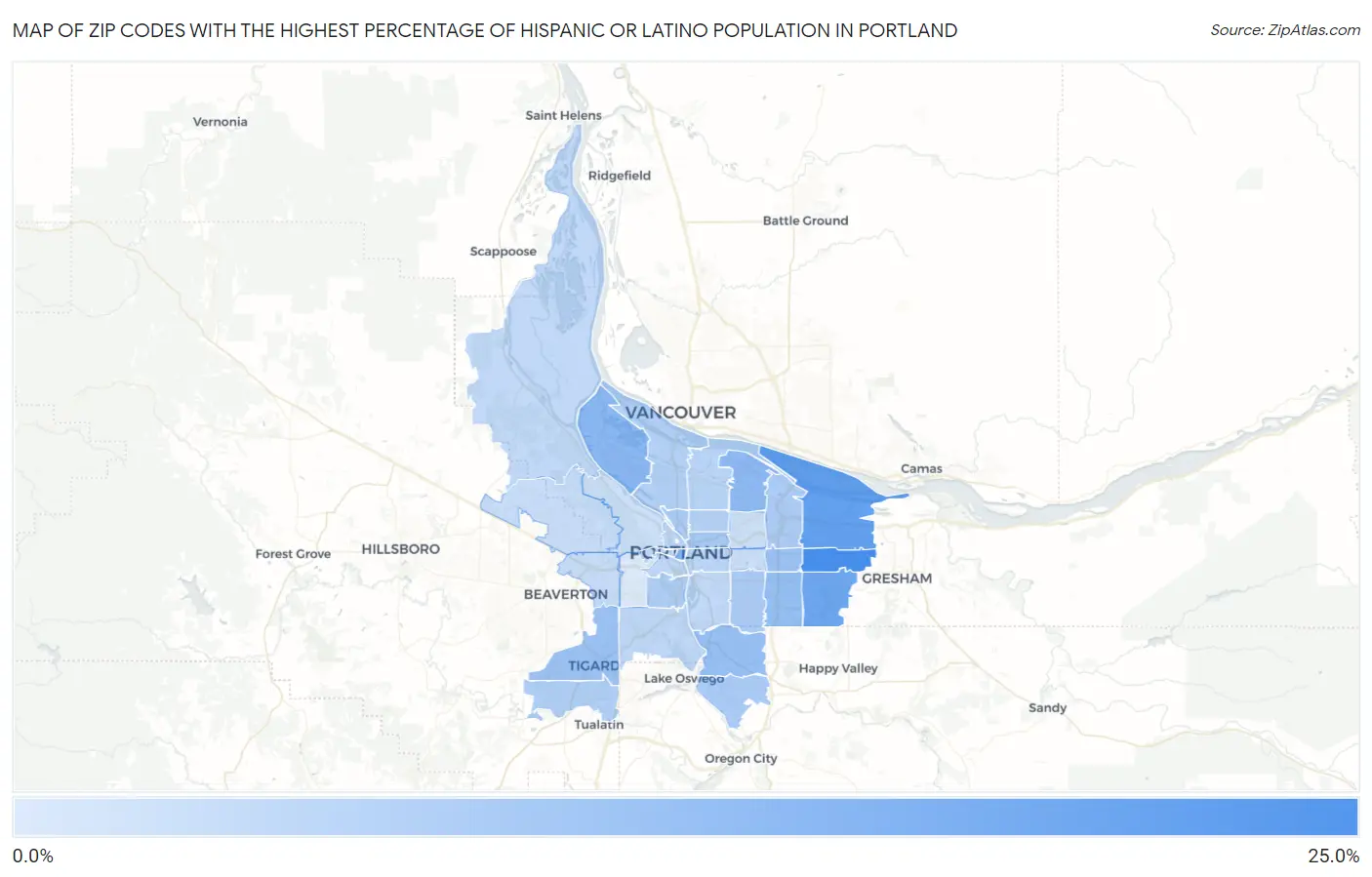 Zip Codes with the Highest Percentage of Hispanic or Latino Population in Portland Map