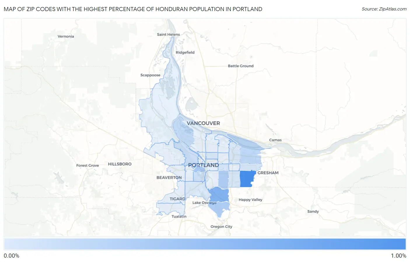 Zip Codes with the Highest Percentage of Honduran Population in Portland Map
