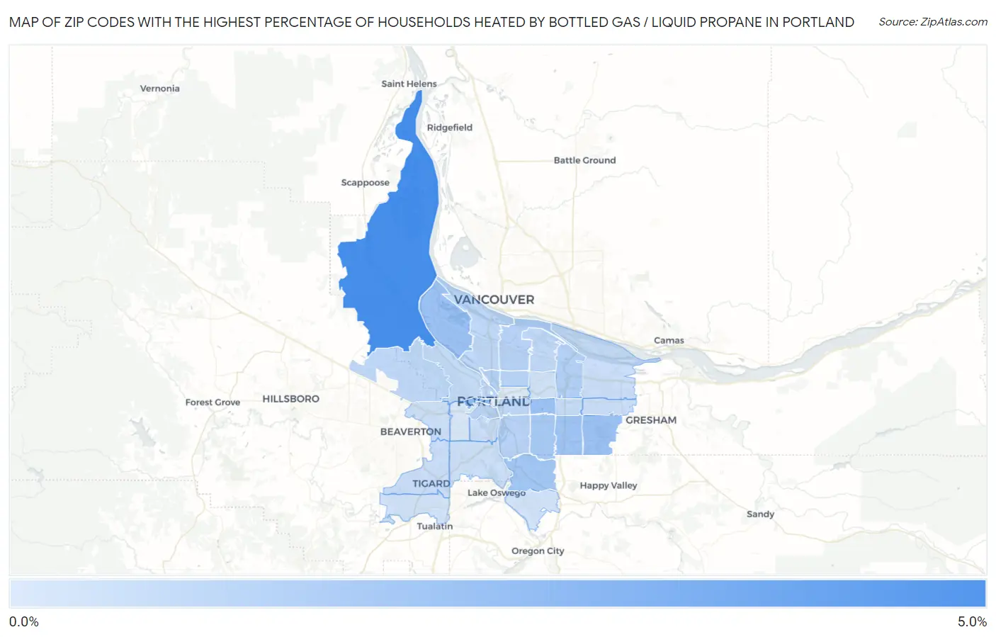 Zip Codes with the Highest Percentage of Households Heated by Bottled Gas / Liquid Propane in Portland Map