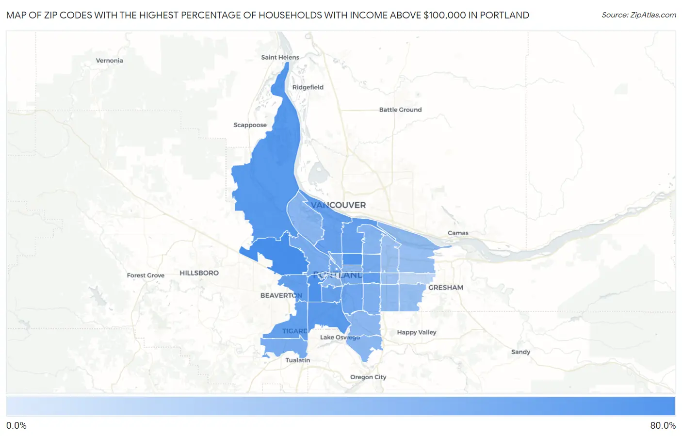 Zip Codes with the Highest Percentage of Households with Income Above $100,000 in Portland Map