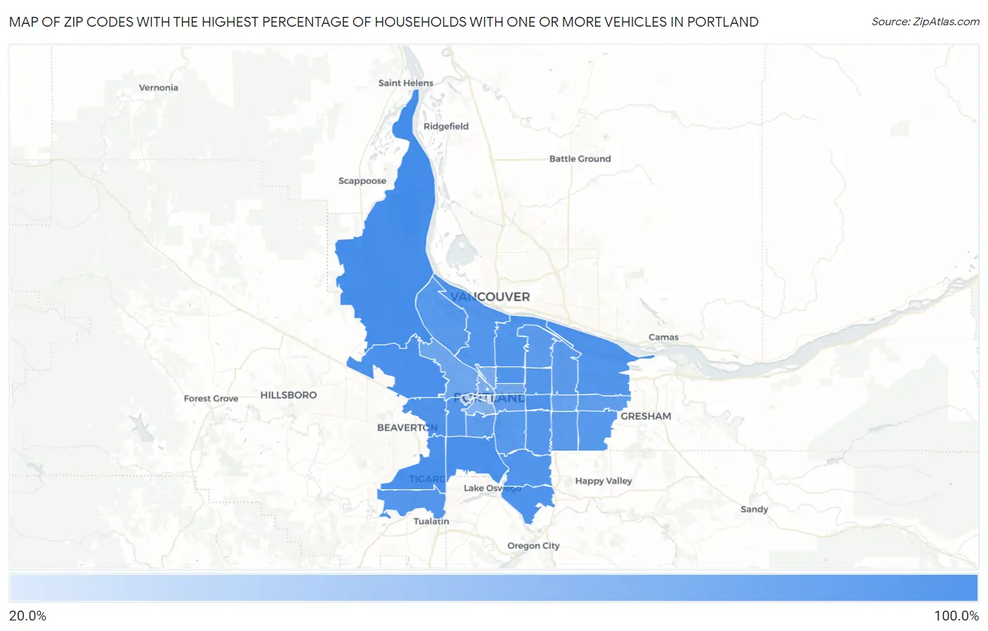 Zip Codes with the Highest Percentage of Households With One or more Vehicles in Portland Map