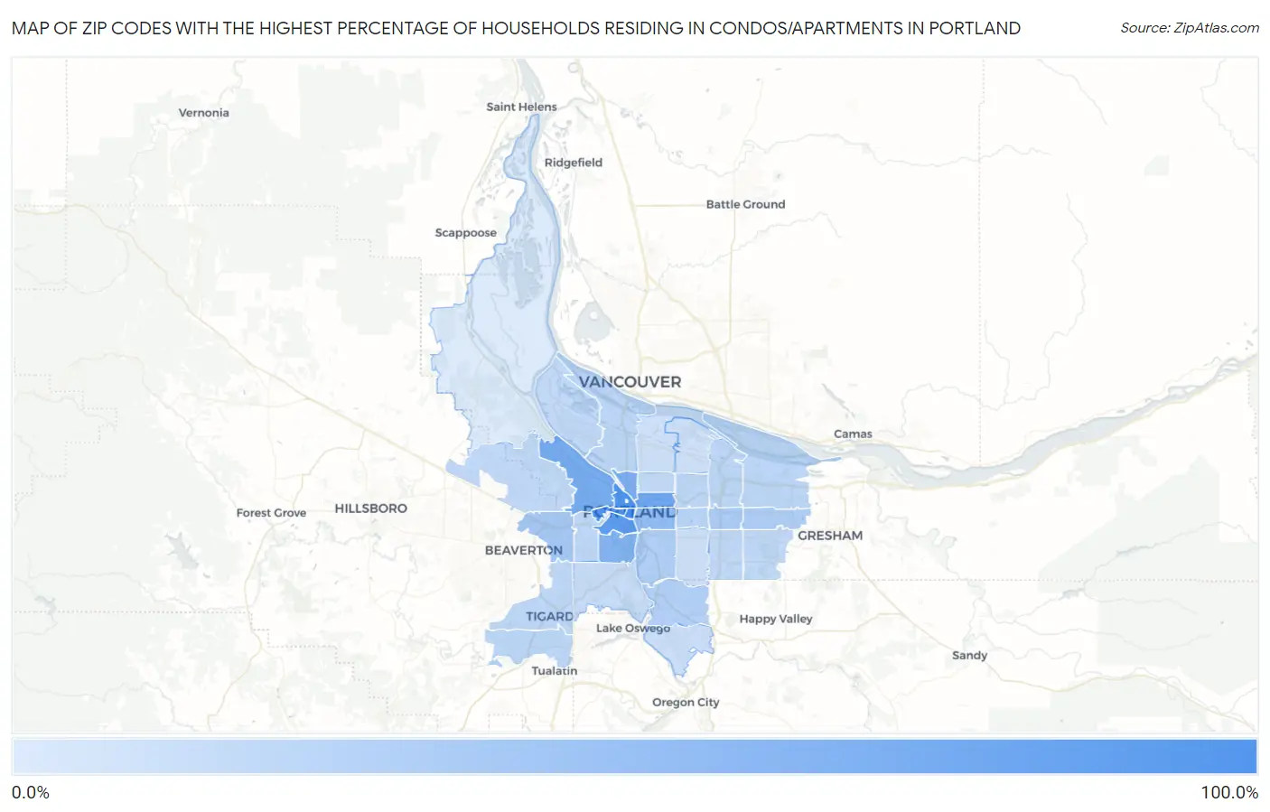 Zip Codes with the Highest Percentage of Households Residing in Condos/Apartments in Portland Map