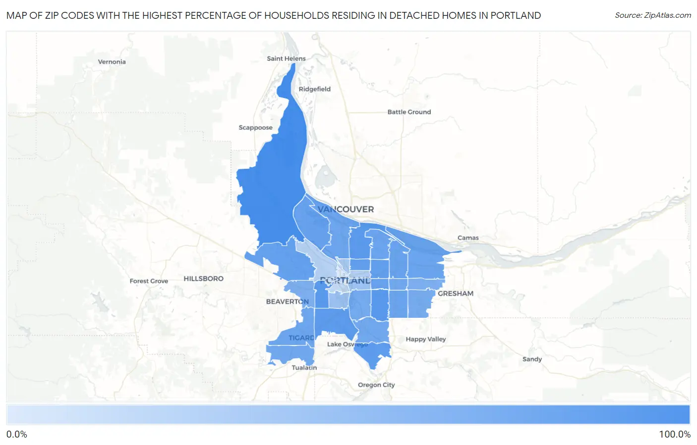 Zip Codes with the Highest Percentage of Households Residing in Detached Homes in Portland Map