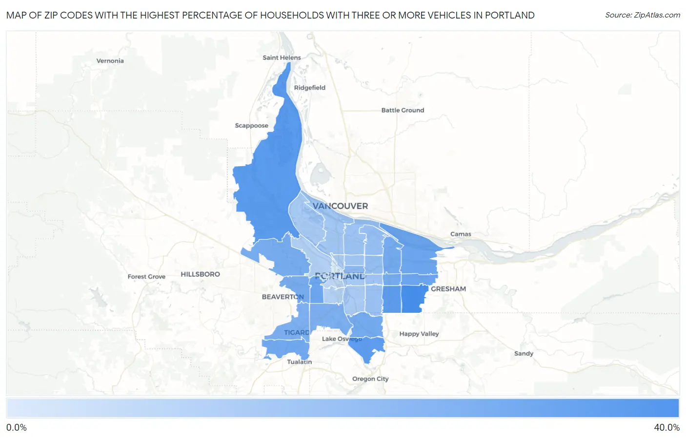 Zip Codes with the Highest Percentage of Households With Three or more Vehicles in Portland Map