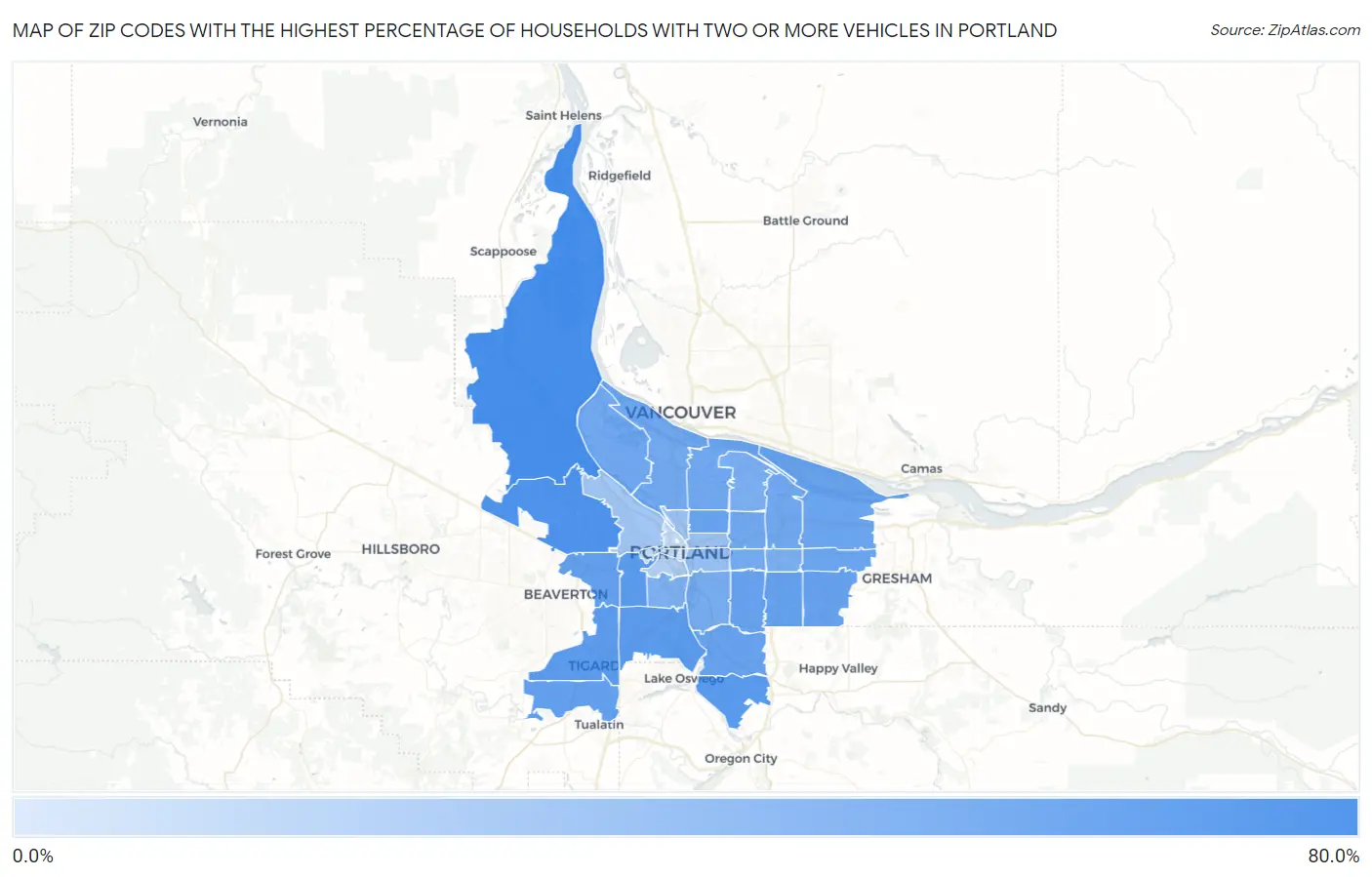 Zip Codes with the Highest Percentage of Households With Two or more Vehicles in Portland Map