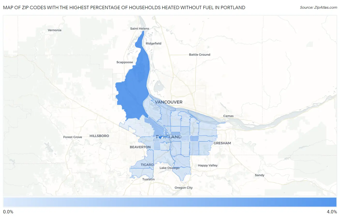 Zip Codes with the Highest Percentage of Households Heated without Fuel in Portland Map