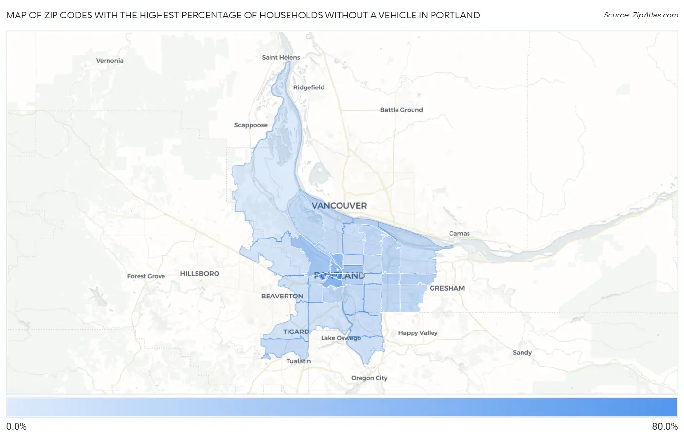 Zip Codes with the Highest Percentage of Households Without a Vehicle in Portland Map