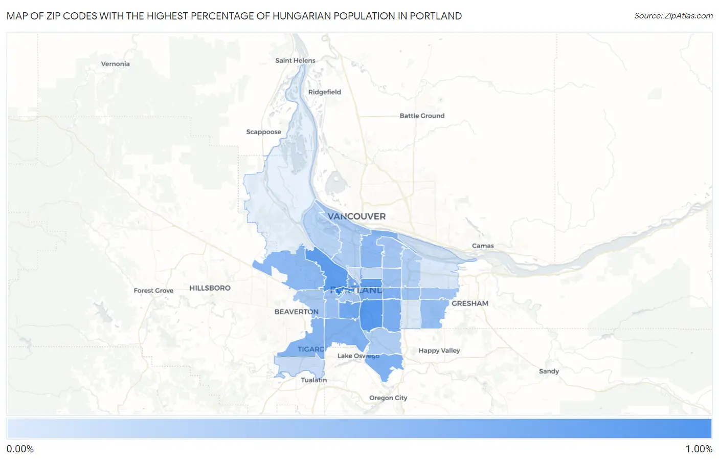 Zip Codes with the Highest Percentage of Hungarian Population in Portland Map