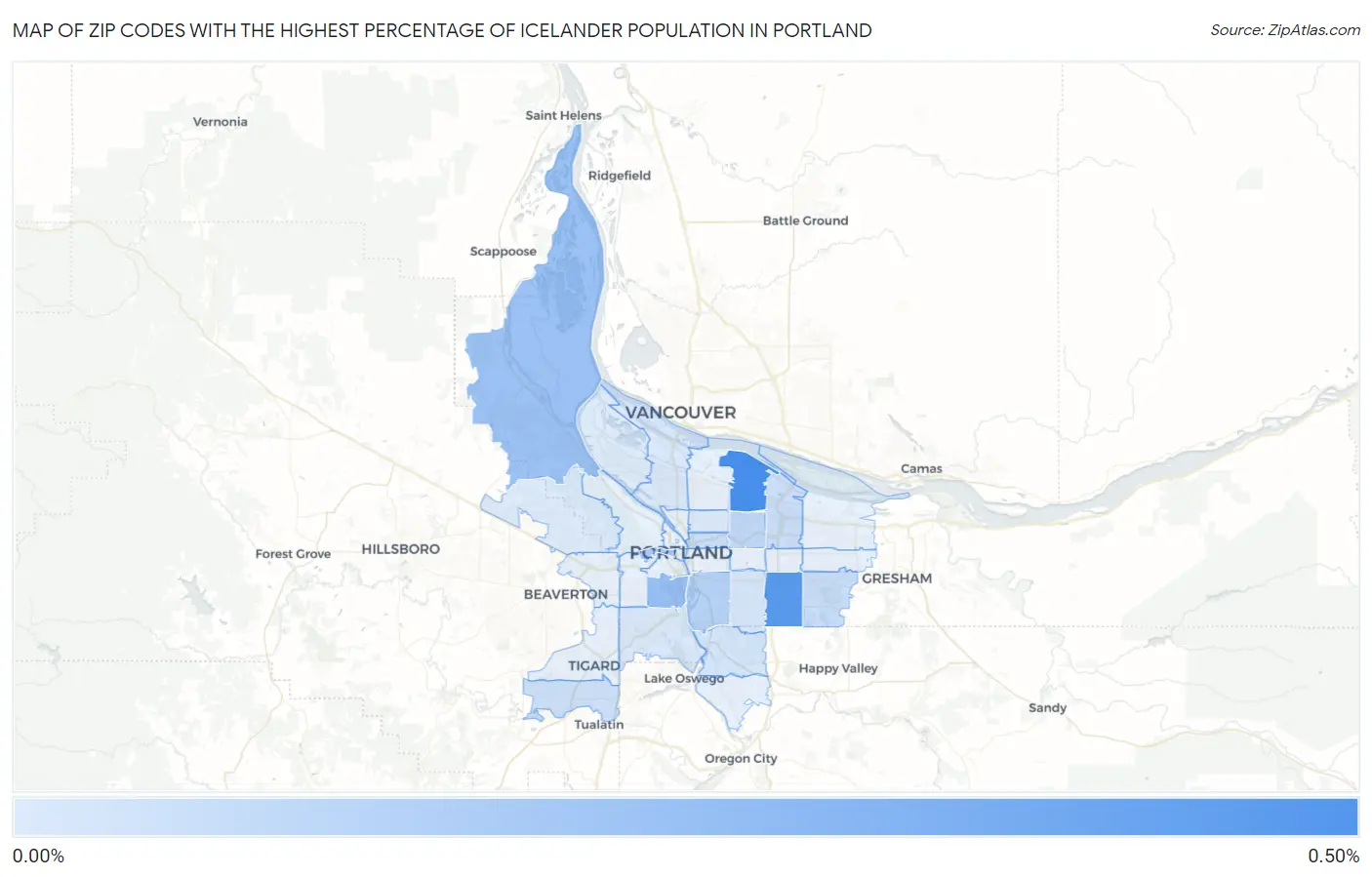 Zip Codes with the Highest Percentage of Icelander Population in Portland Map