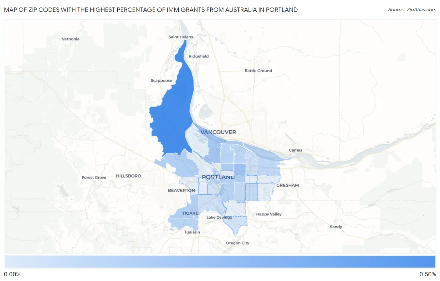 Zip Codes with the Highest Percentage of Immigrants from Australia in Portland Map