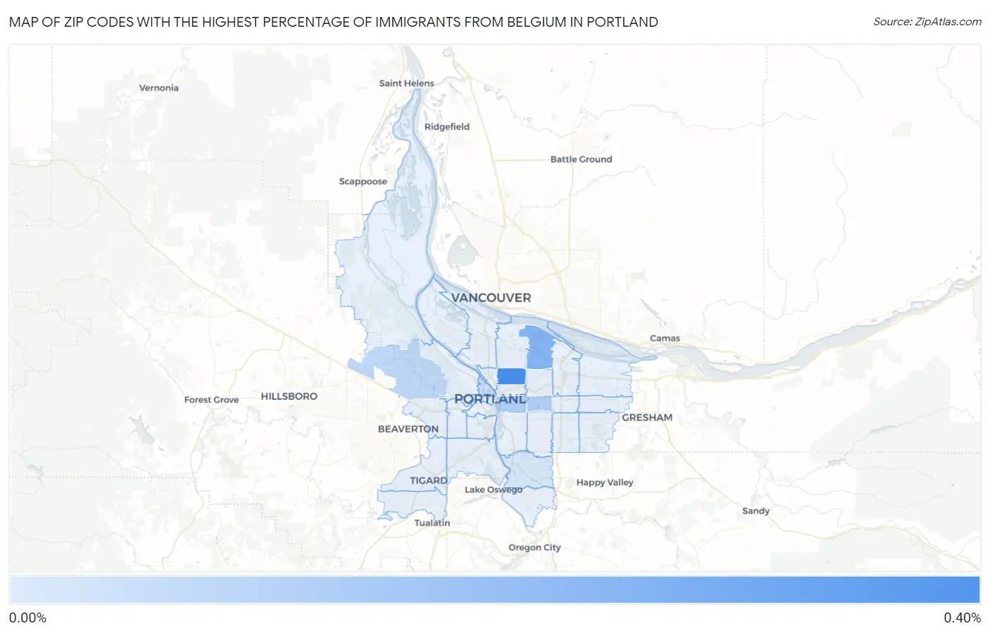 Zip Codes with the Highest Percentage of Immigrants from Belgium in Portland Map