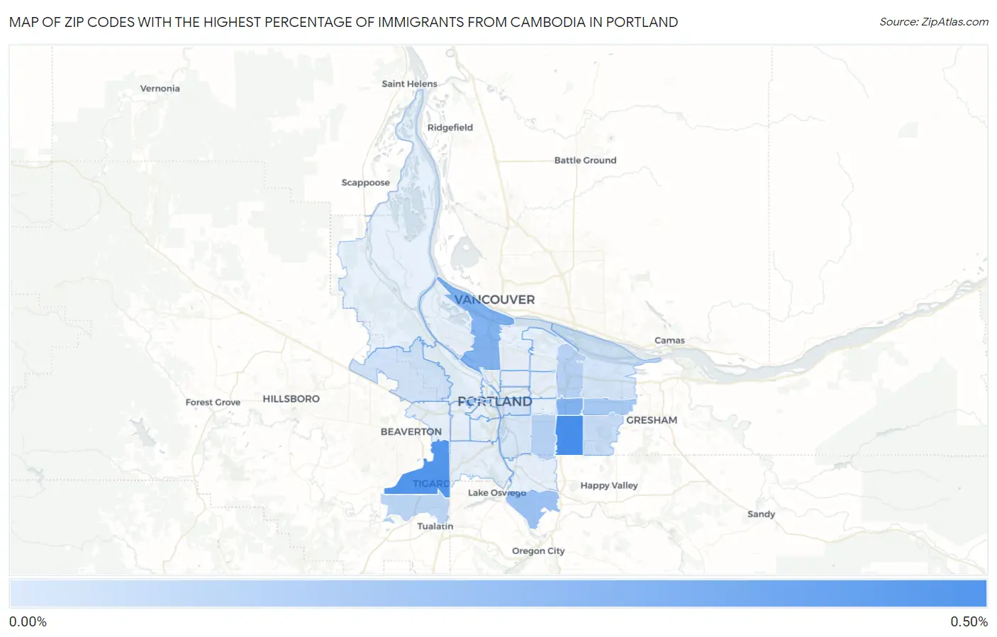 Zip Codes with the Highest Percentage of Immigrants from Cambodia in Portland Map