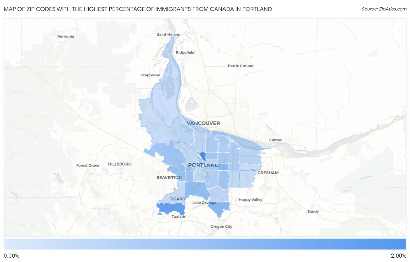 Zip Codes with the Highest Percentage of Immigrants from Canada in Portland Map