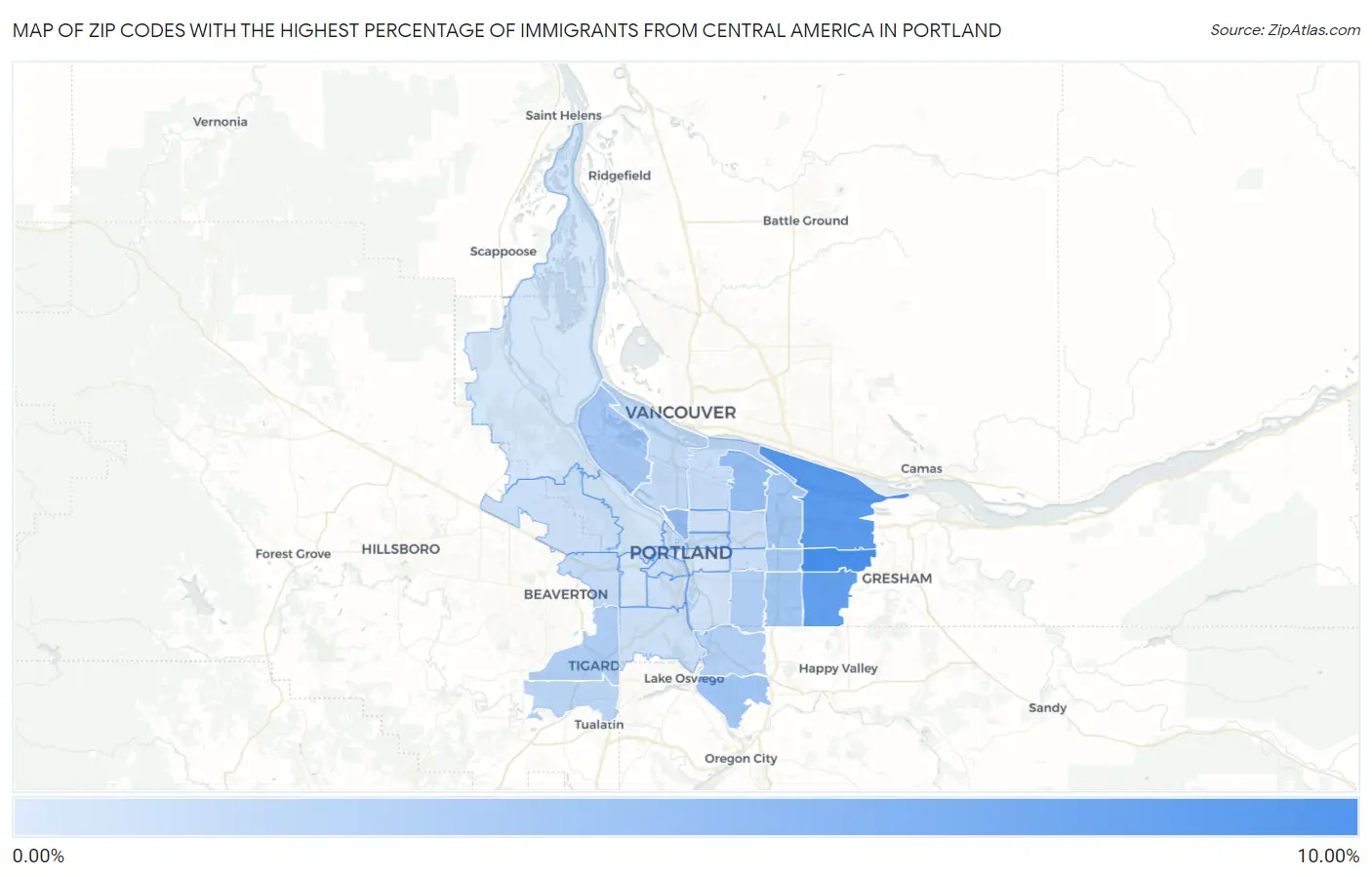 Zip Codes with the Highest Percentage of Immigrants from Central America in Portland Map