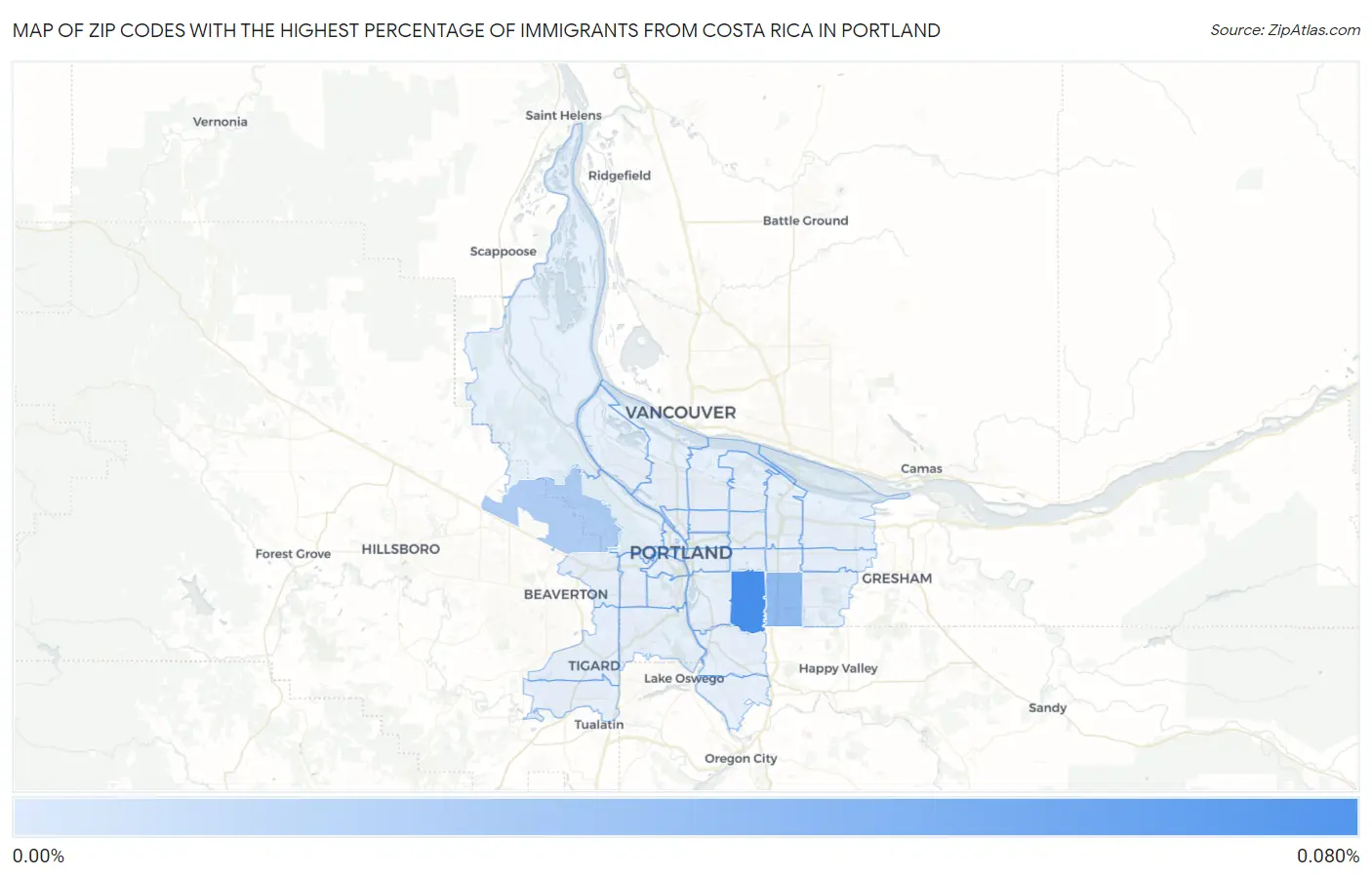 Zip Codes with the Highest Percentage of Immigrants from Costa Rica in Portland Map