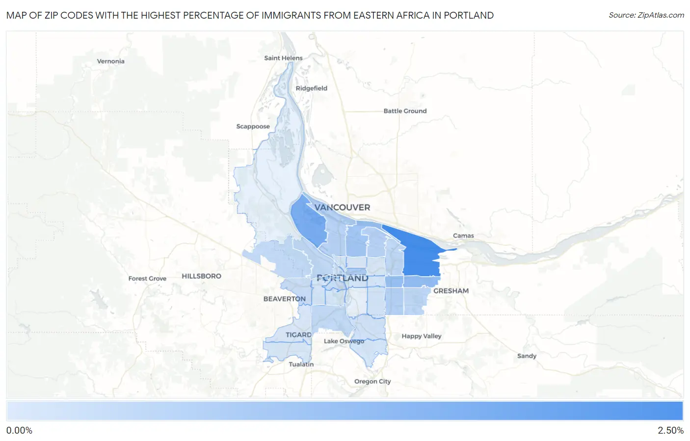 Zip Codes with the Highest Percentage of Immigrants from Eastern Africa in Portland Map
