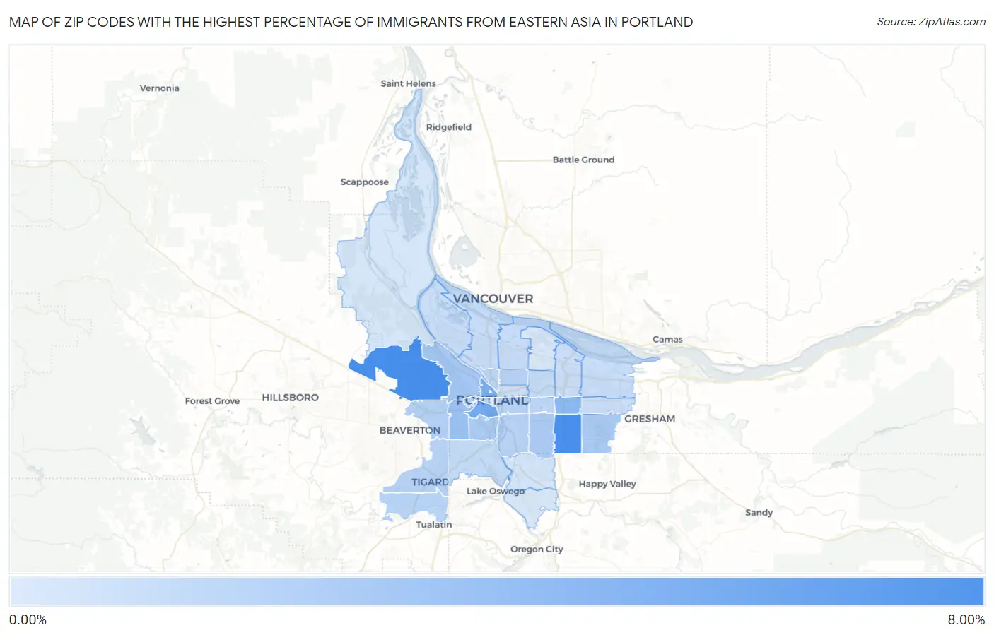 Zip Codes with the Highest Percentage of Immigrants from Eastern Asia in Portland Map