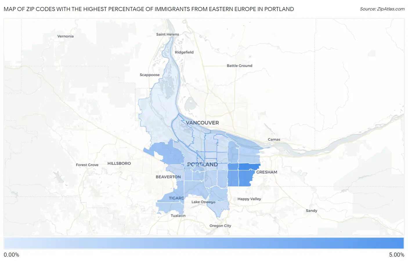 Zip Codes with the Highest Percentage of Immigrants from Eastern Europe in Portland Map