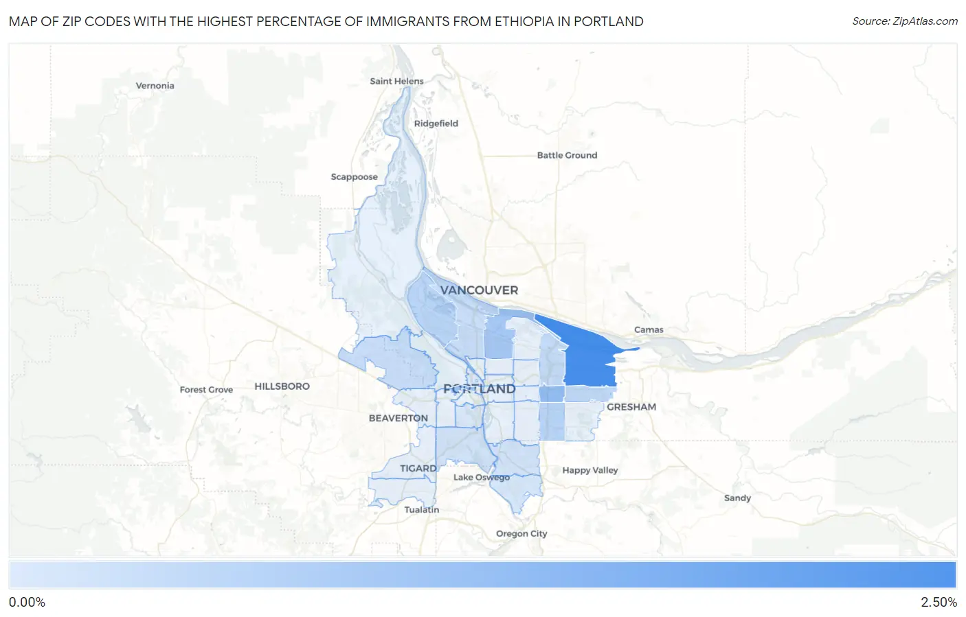 Zip Codes with the Highest Percentage of Immigrants from Ethiopia in Portland Map