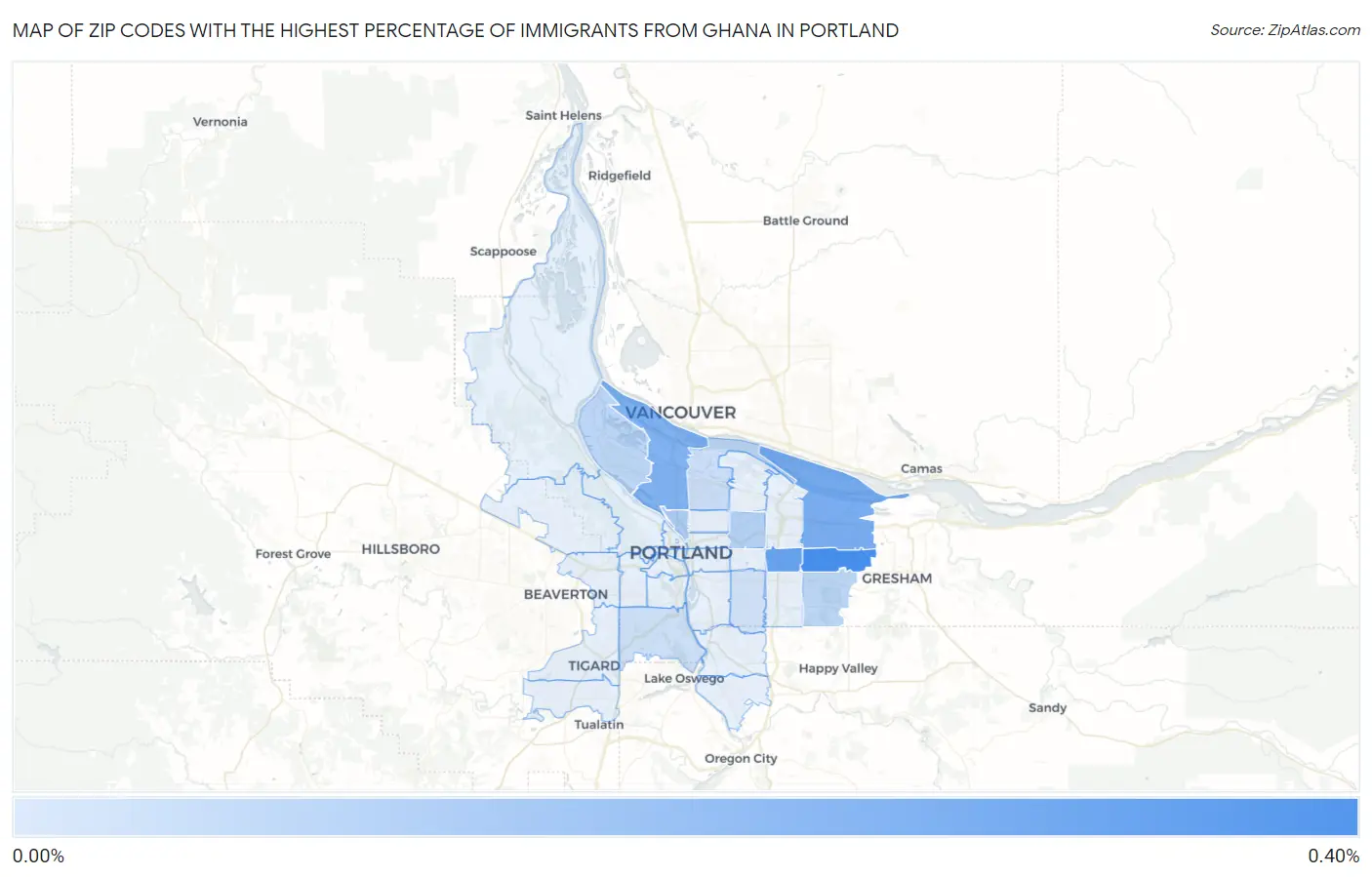 Zip Codes with the Highest Percentage of Immigrants from Ghana in Portland Map