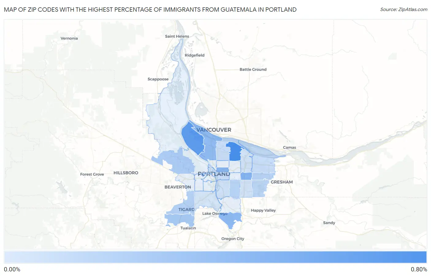 Zip Codes with the Highest Percentage of Immigrants from Guatemala in Portland Map