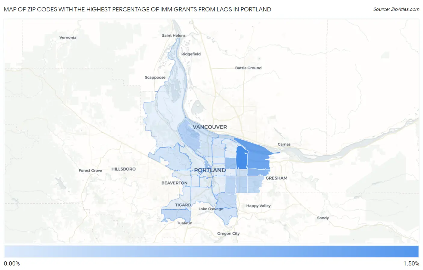 Zip Codes with the Highest Percentage of Immigrants from Laos in Portland Map