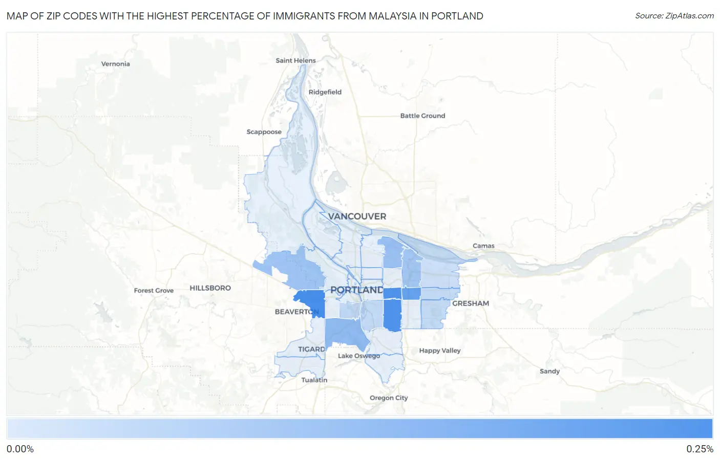 Zip Codes with the Highest Percentage of Immigrants from Malaysia in Portland Map