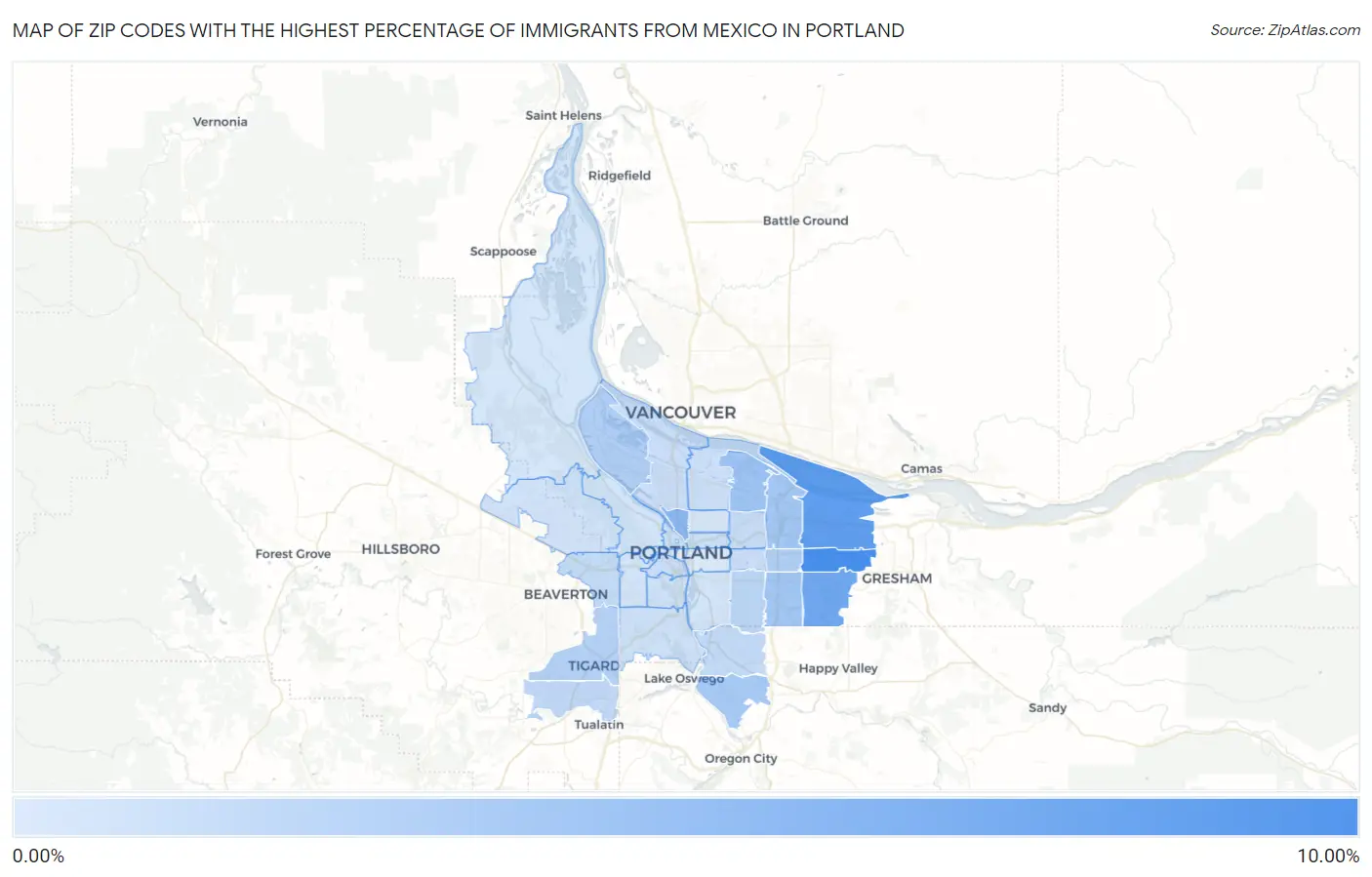 Zip Codes with the Highest Percentage of Immigrants from Mexico in Portland Map